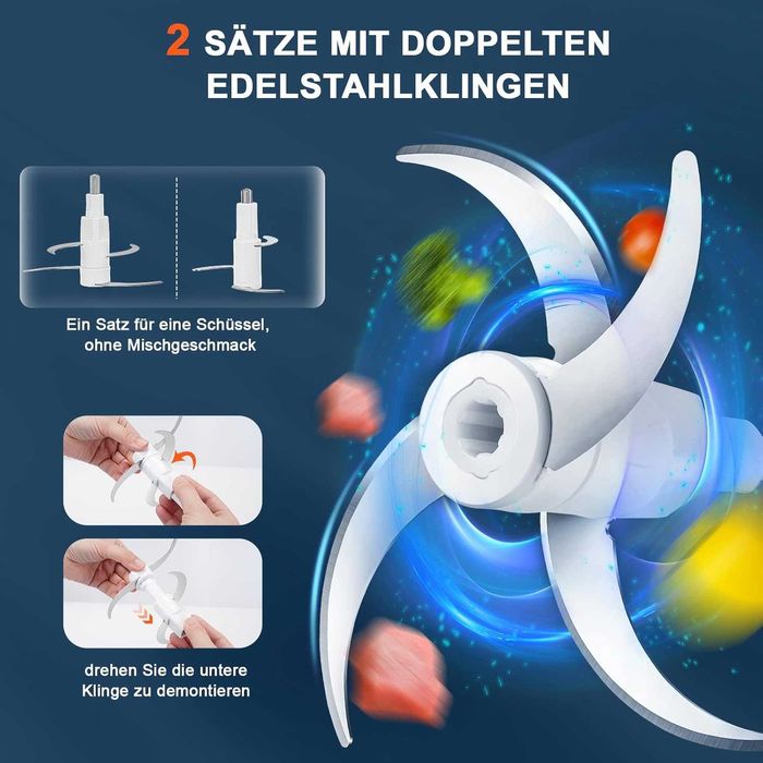 Стъклен чопър кухненски робот Bear 0.6L + 2L, 2 нива на скорост