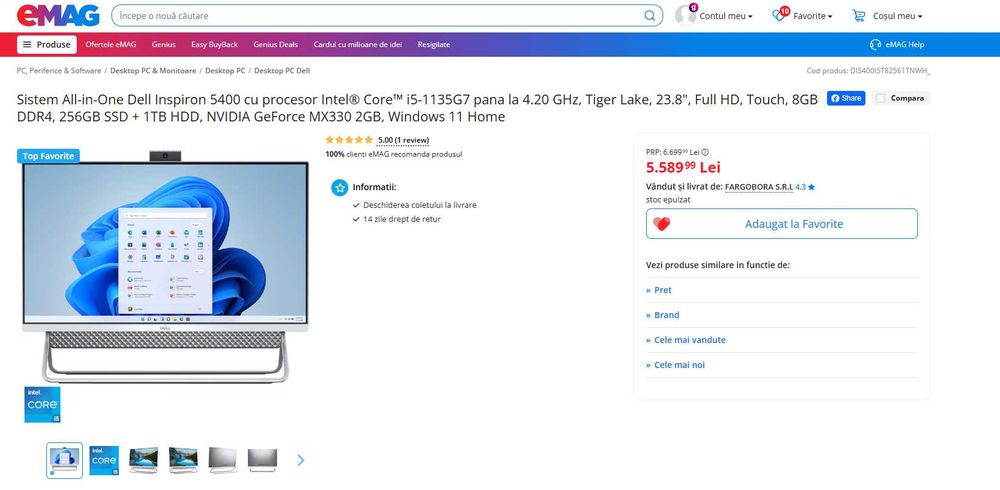 Sistem All-in-One Dell i5-1135G7,  8GB DDR4, 256GB SSD + 1TB HDD