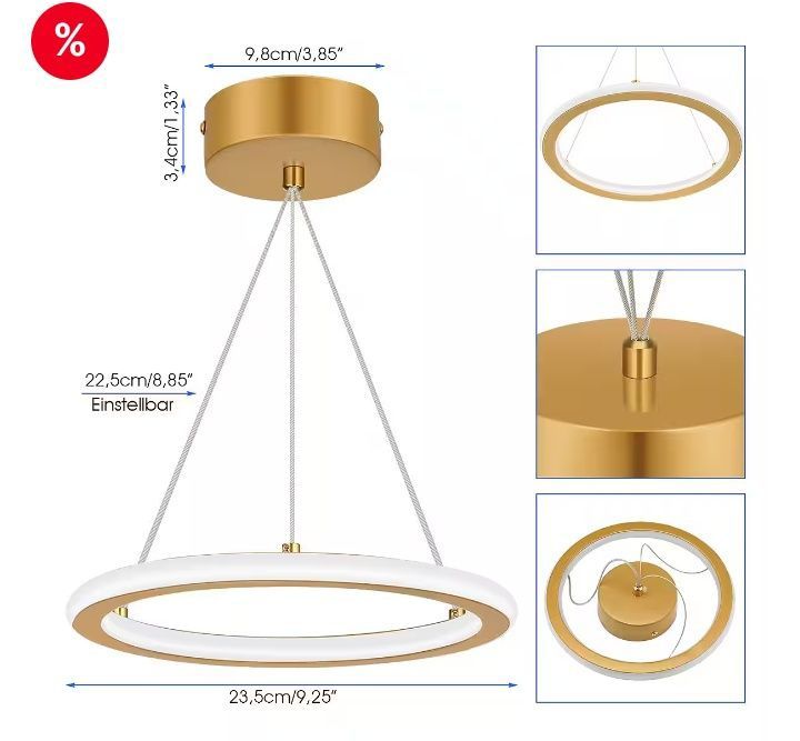 Plafoniera modernă cu LED 16W, candelabru rotund suspendat auriu Ø23cm