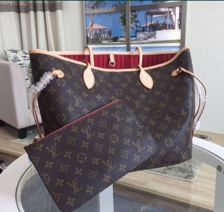 Geanta piele naturala LV Neverfull,card,certificat,saculet,etichetă
