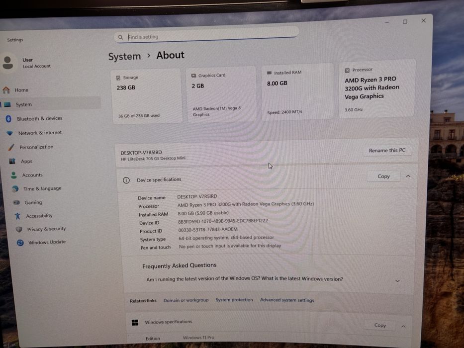 Mini PC HP EliteDesk 705 G5 / Ryzen 3 PRO 3200G / 8GB RAM / 512 GB SSD