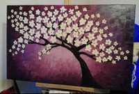 Tablou pictat, tehnica mixta Copac cu flori