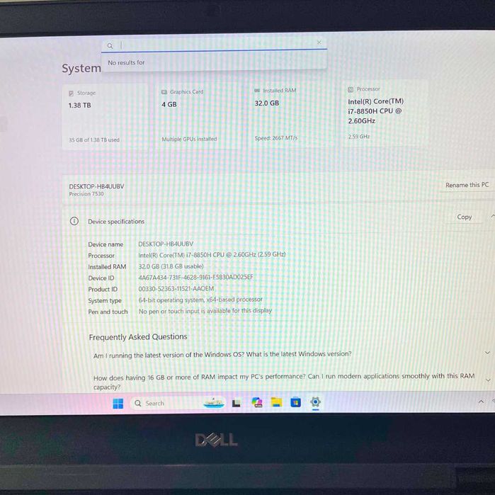 i7-8850H, 32GB RAM, Nvidia, Dell Precision 7530, 512GB NVMe + 1TB