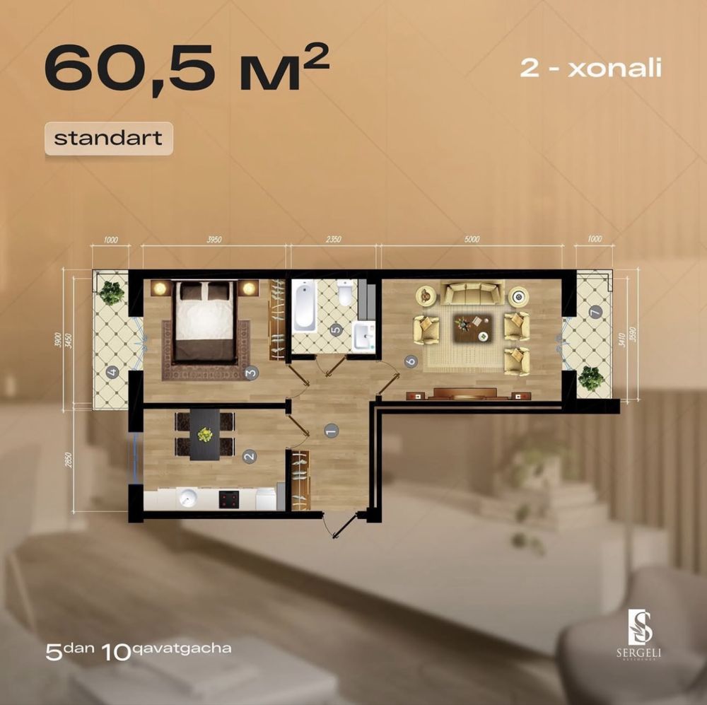 СРОЧНО 2 xona 65 kv.m. Sergeli Residence