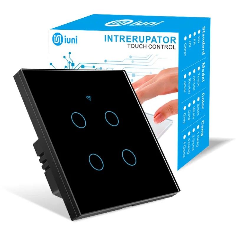 Intrerupator smart touch, WiFi, Sticla, iUni 4G, 10A, Black