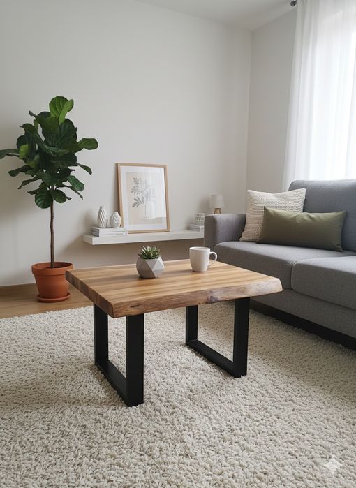 Măsuță de Cafea Rustică din Nuc Brut, Blat Live Edge 4 cm,