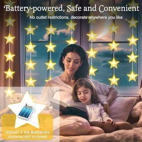 Нови 6 броя Коледни LED светлини звезди 8 режима таймер топла светлина