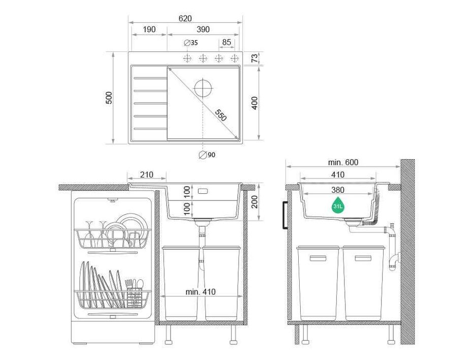 Черна гранитна кухненска мивка Сидни 620-45 Ergo Multilevel 620х500