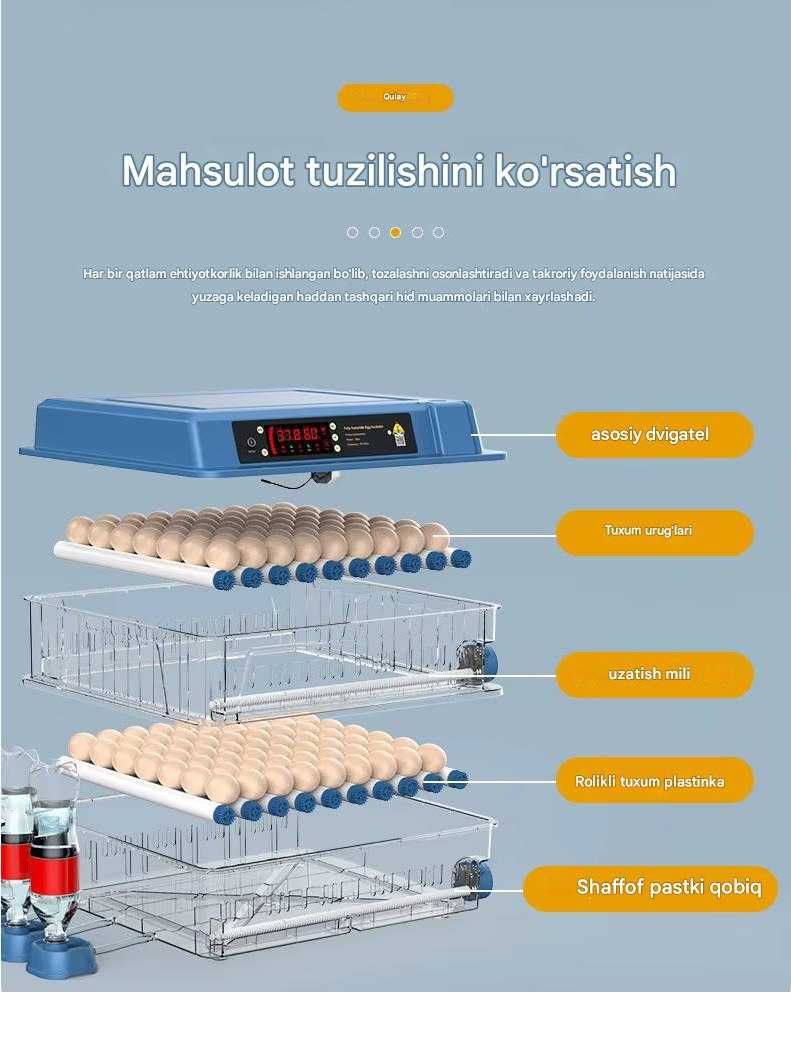 Inkubator 9/12/24/36/64/100/128/200, avtomat 12V va 220V dan ishlaydi