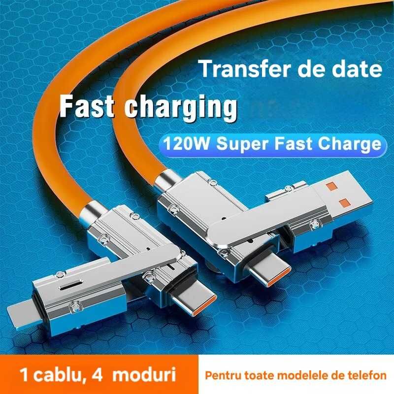 Cablu încărcare 4în1:IOS,USB,USB C,  super fast charge, silicon lichid