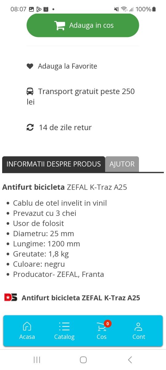Antifurt bicicleta /motoreta ZEFAL K Traz A 25 (Fr)