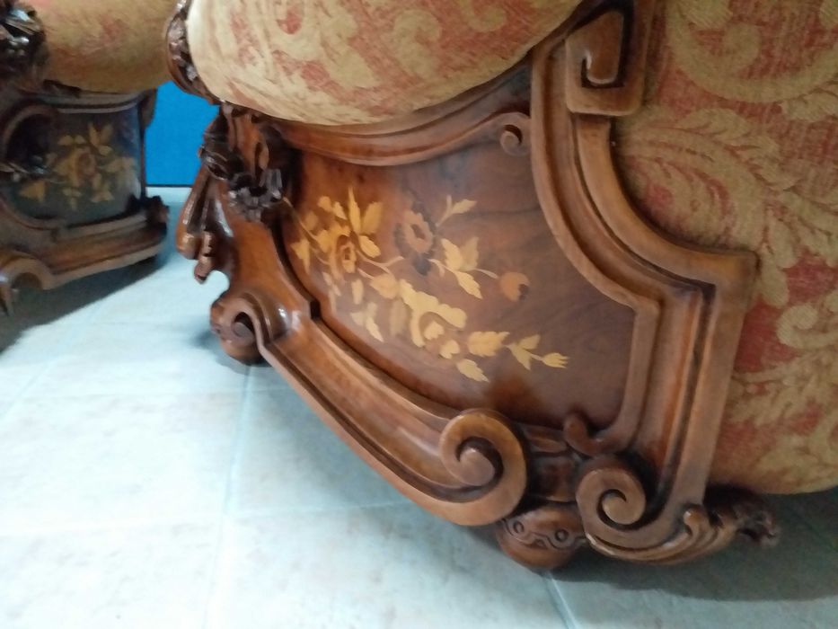 Set baroc 2 fotolii si canapea matase lemn sculptat Italia stil antic
