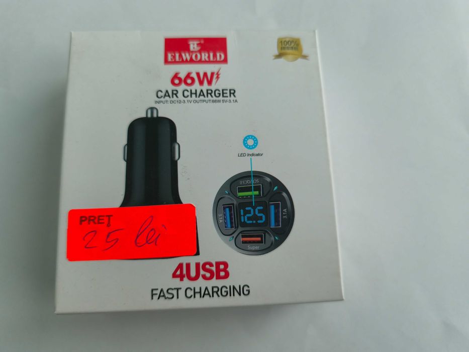 Incarcator telefon auto 66 W cu 4 usb