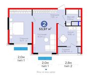 2-комнатная квартира 2/15/16, | 53.97 м² BI "Botanika Saroyi"1-подъезд