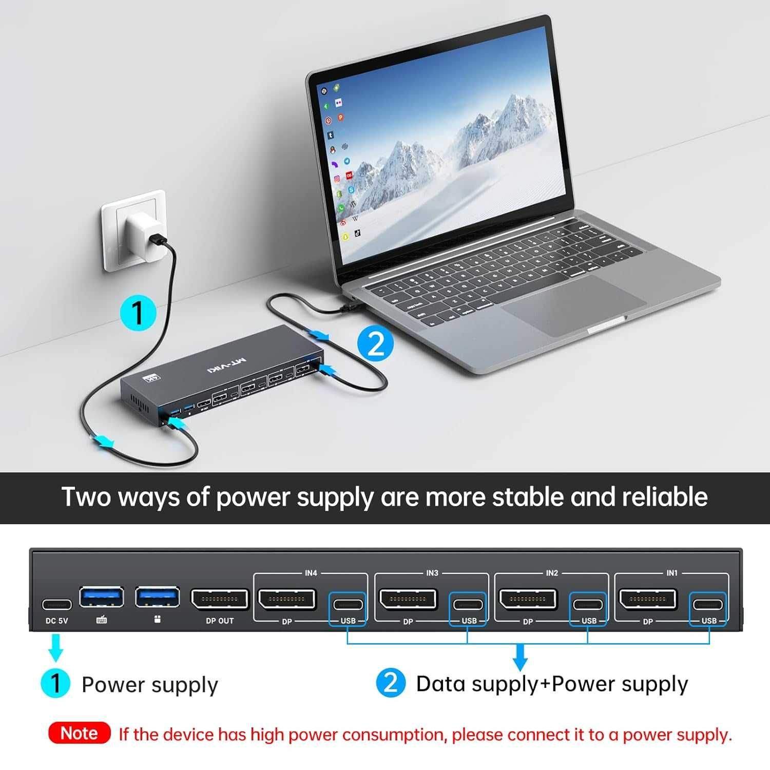 MT-VIKI 8K Displayport KVM суич 4 входа 1 изход DP1.4, 4 USB 3.0 порта