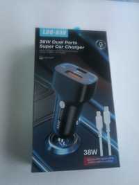 Incarcator auto 38 W cu mufa usb si tip c + cablu tip c