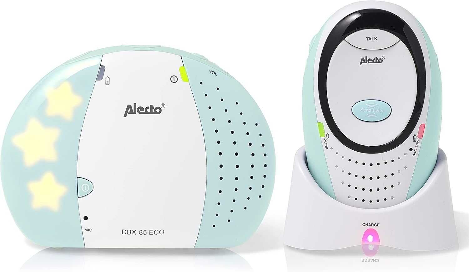 Alecto DBX-85MT - Пълен DECT Eco бебефон, бял/ментово зелен