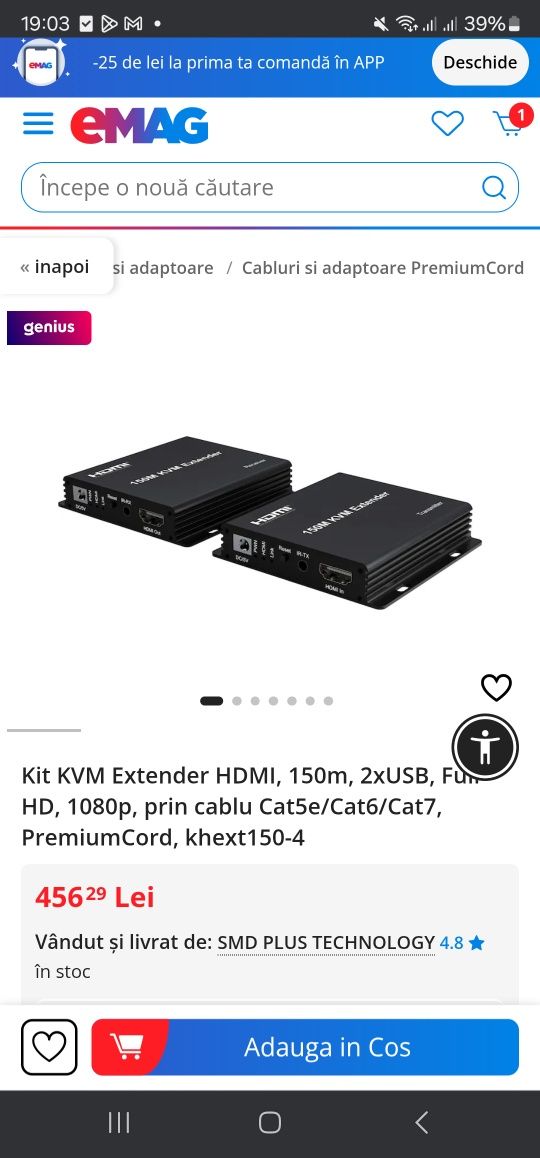 Kit KVM Extender HDMI, 150m, 2xUSB, Full HD, 1080p, prin cablu Cat5e/C