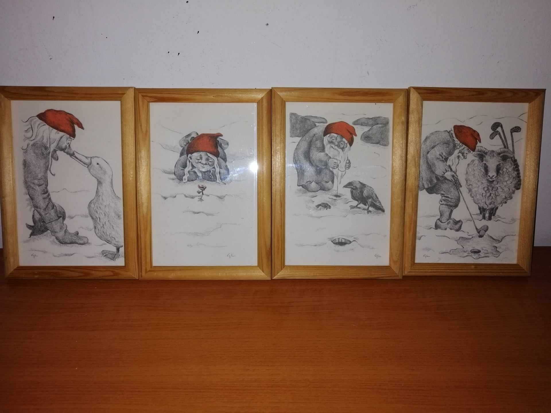 4x tablou mic alb negru ilustratie semnata spiridus gnom troll