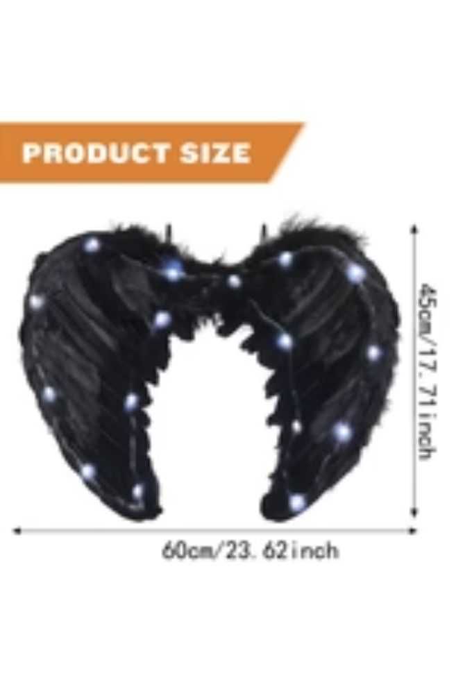 Aripi de inger cu pene negre si luminite, 60 cm