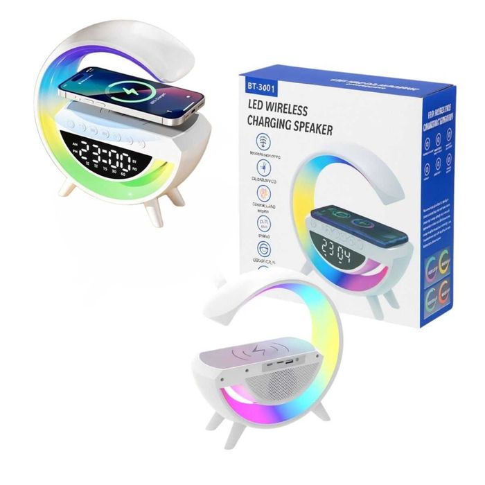 Лампа с безжично зарядно за телефон, аларма и Bluetooth LED колонка