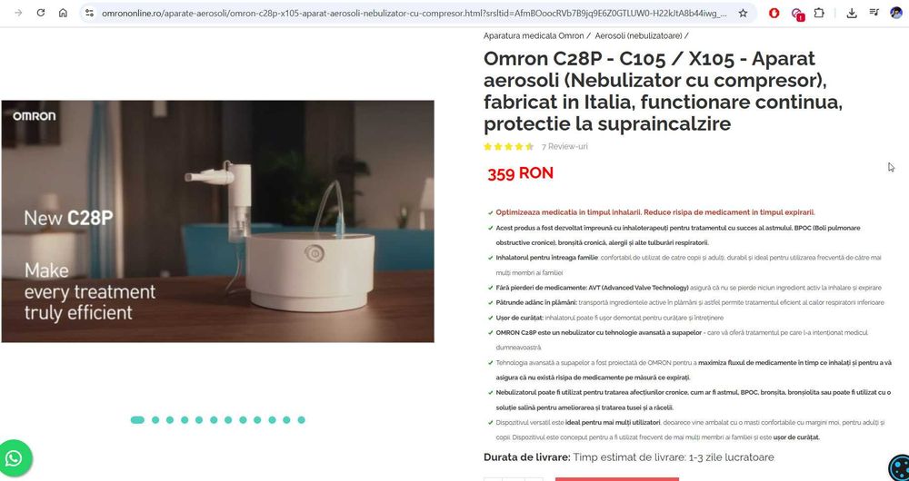 Nebulizator cu compresor Omron C28 Plus, tehnologie AdvancedValve 12ml