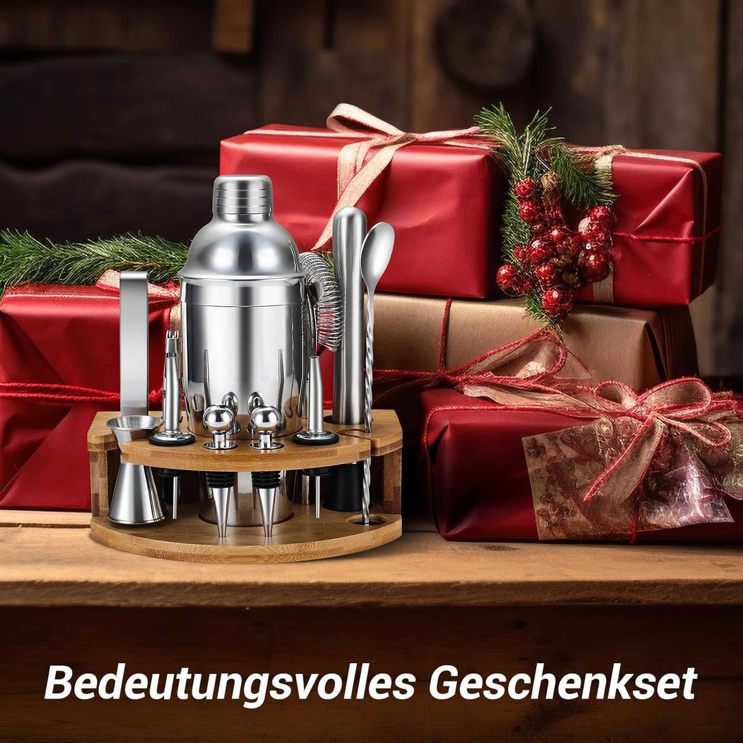 Set Barman Inox bauturi, 12 piese + baza Bambus, REDUS de la 200RON
