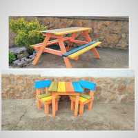 Детска маса със столчета/пейки; Дървена масичка със столове за деца