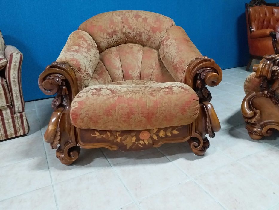 Set baroc 2 fotolii si canapea matase lemn sculptat Italia stil antic