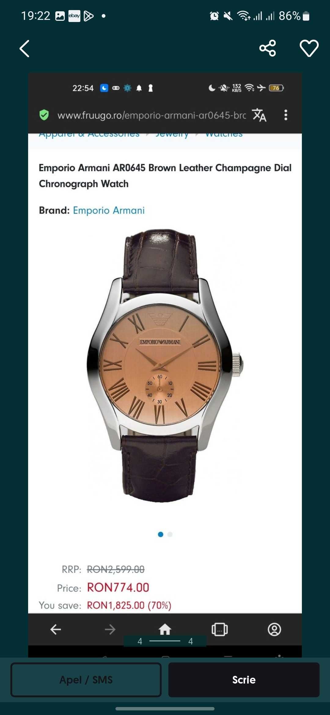 Emporio Armani AR0645 Brown Leather Champagne Dial Chronograph ceas