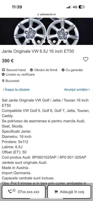 Vand set jante 16' !
Mai multe detalii specifice codului inscris pe ja