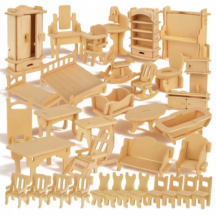 Set mobilier din lemn casa papusi 34 piese miniaturi DIY pt. asamblat