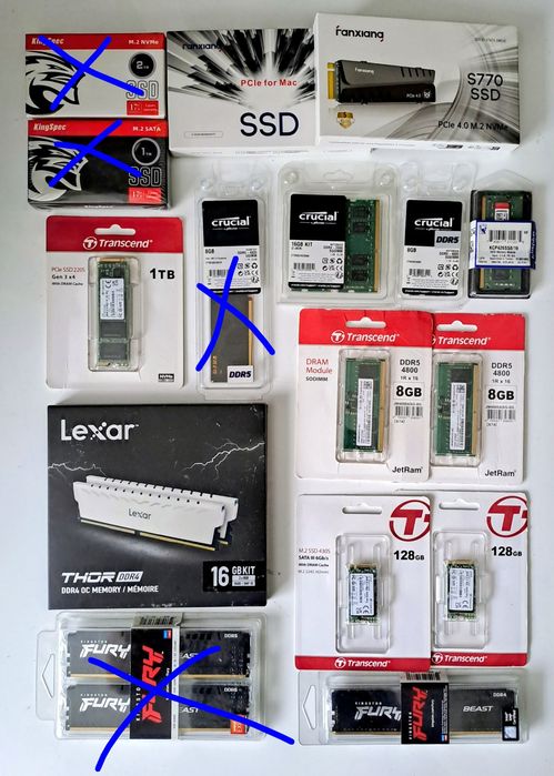 SSD M2 NVMe, DDR4, DDR5 Transcend, Kingspec, Lexar, Crucial, Kingston