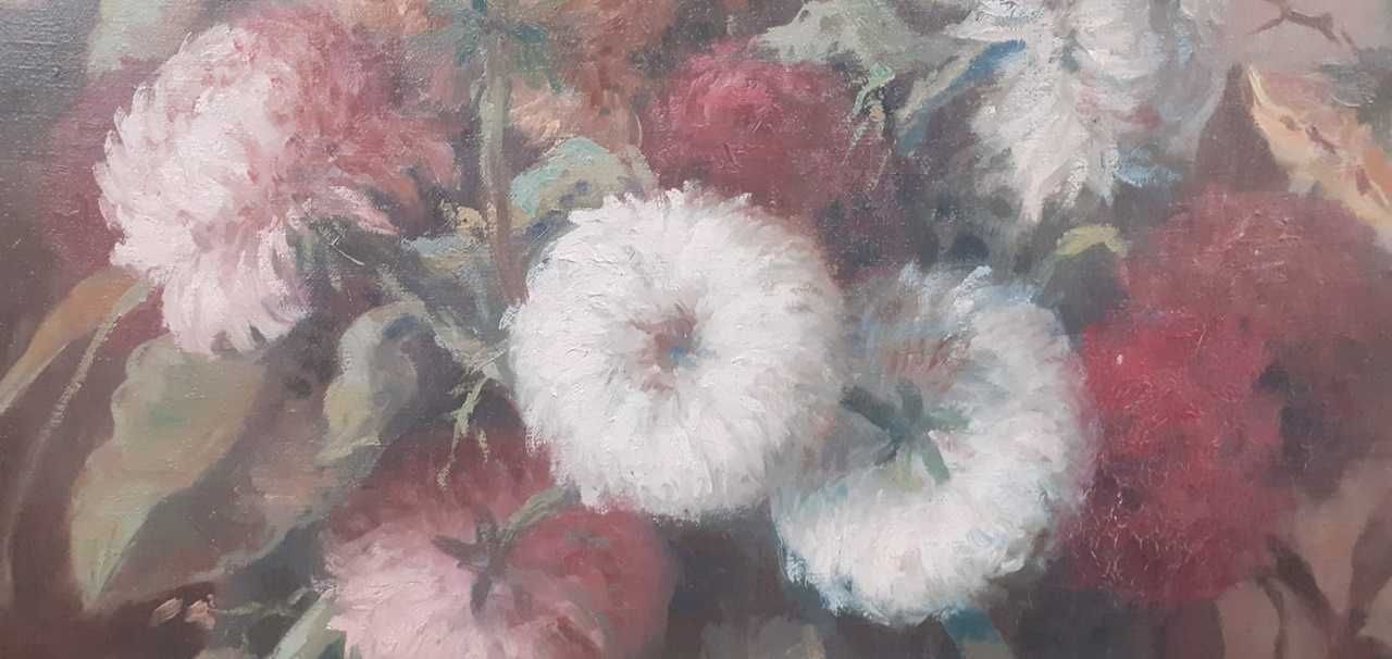 Tablou vechi - vas metalic cu flori - semnat C. Bogdan