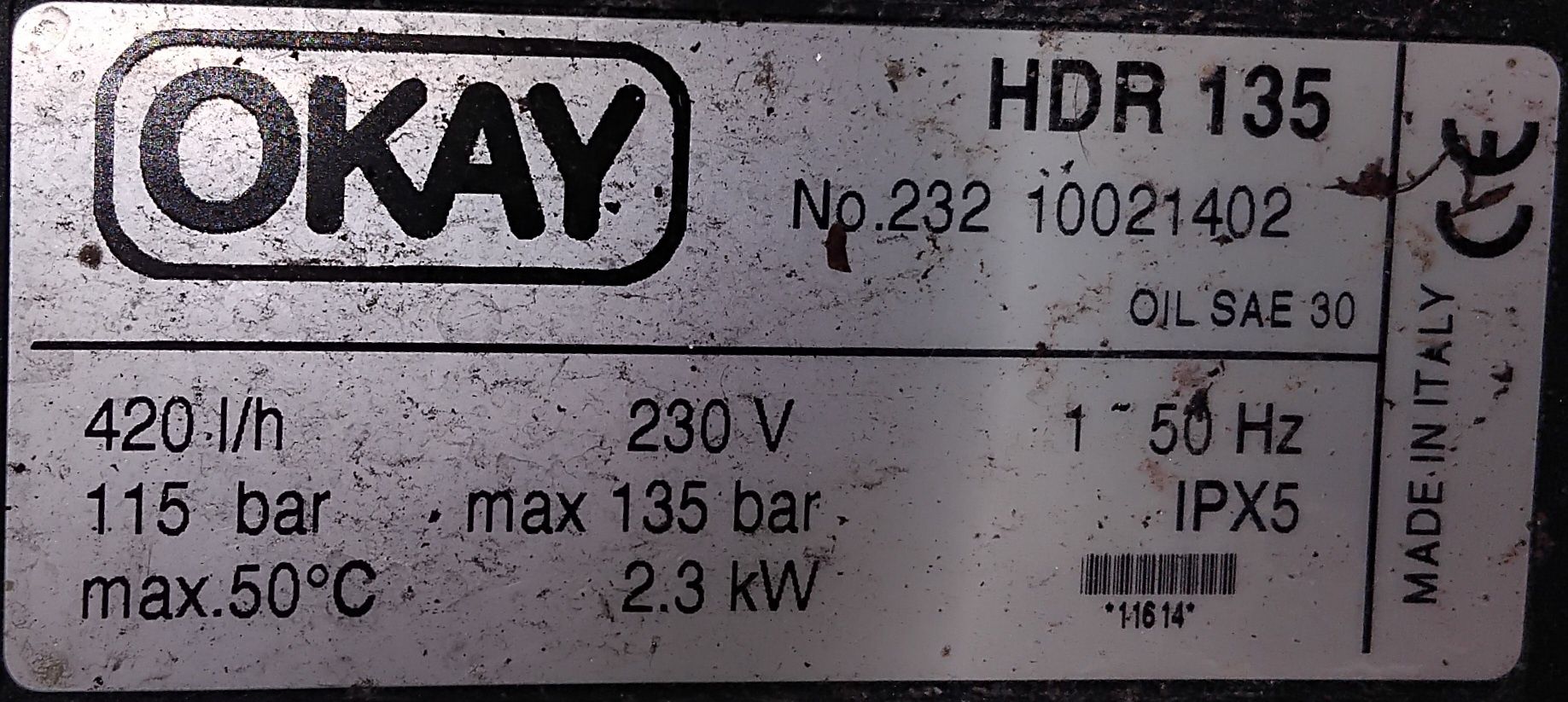 Продавам водоструйка OKAY HDR 135 Марка/Модел: OKAY HDR 135 Дебит: 420