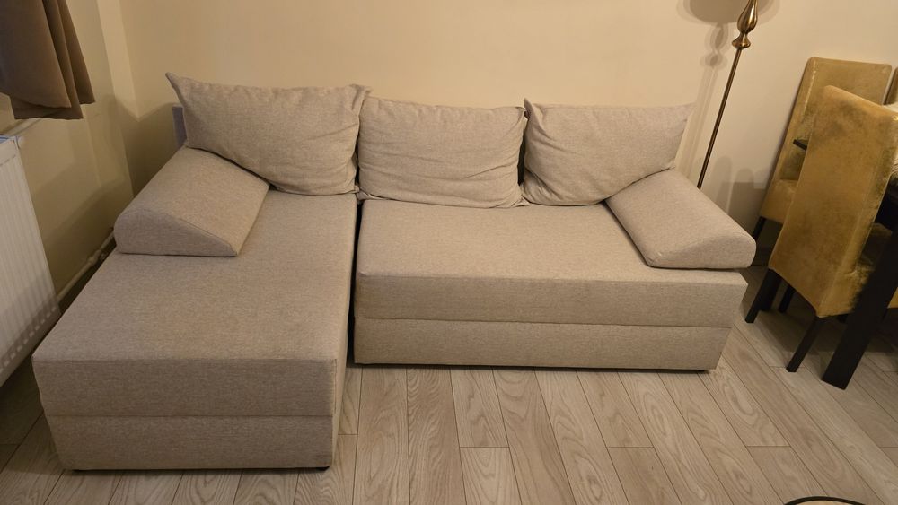 Coltar living extensibil pe dreapta, cu lada, crem, 210 x 135