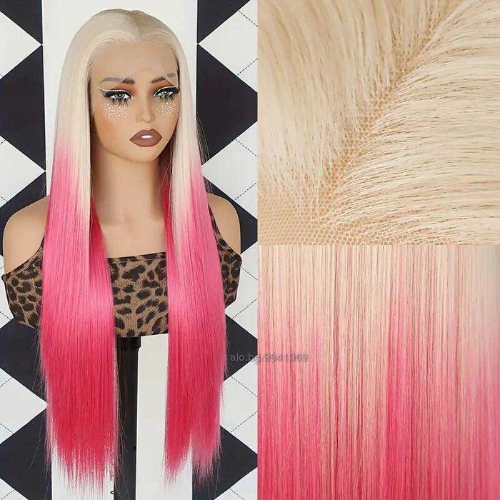 Лейс фонт права руса перука два цвята с розови краища