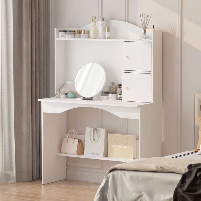 Тоалетка за грим с огледало, масичка за грим 2 шкафа с врати и 2 рафта