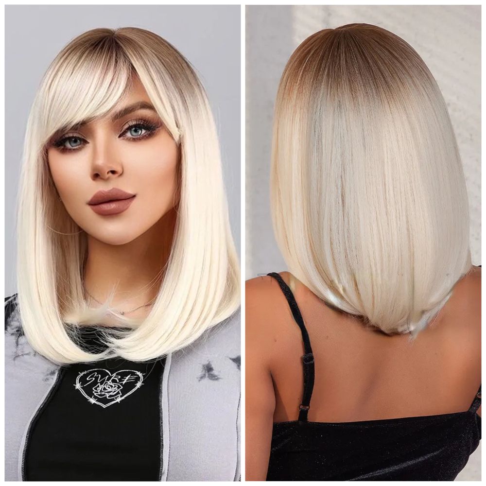 Peruca R123 Blonda Breton Ombre Baza Satena scurta bob Blond Platinat