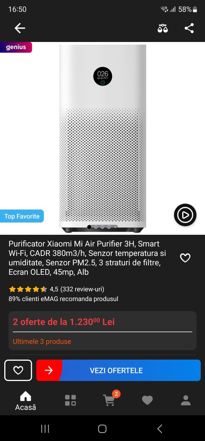 Purificator Aer Xiaomi Mi Air Purifier 3H , Smart , Wi-Fi , senzor