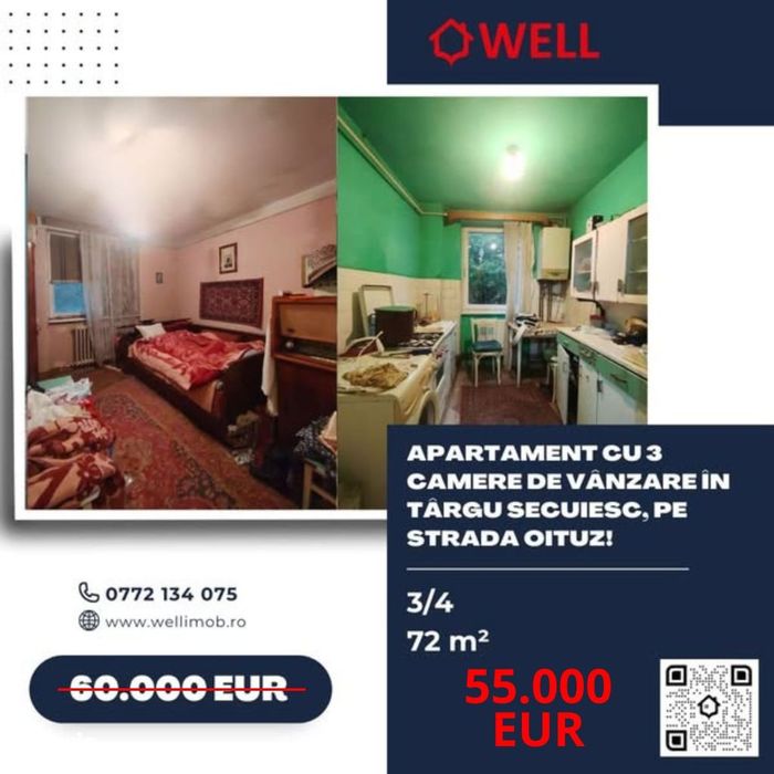 Apartament cu 3 camere de vânzare în Târgu Secuiesc, pe strada Oituz!