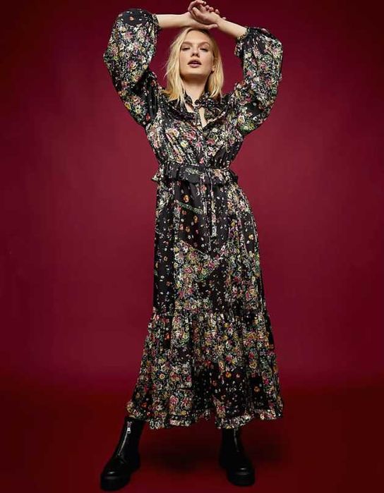 Rochie midi-lunga floral print cu decolteu si slit pe picior Topshop