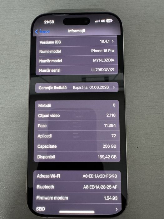 iPhone 16 PRO 256 gb inca in garanție 100% baterie