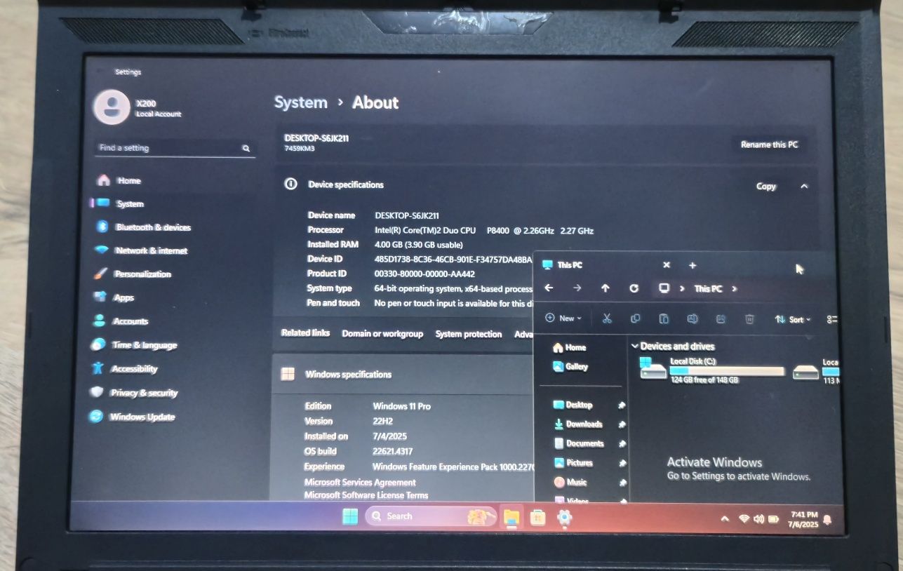 Laptop Lenovo x200 Intel Core 2 Duo P8400 4GB Windows 11