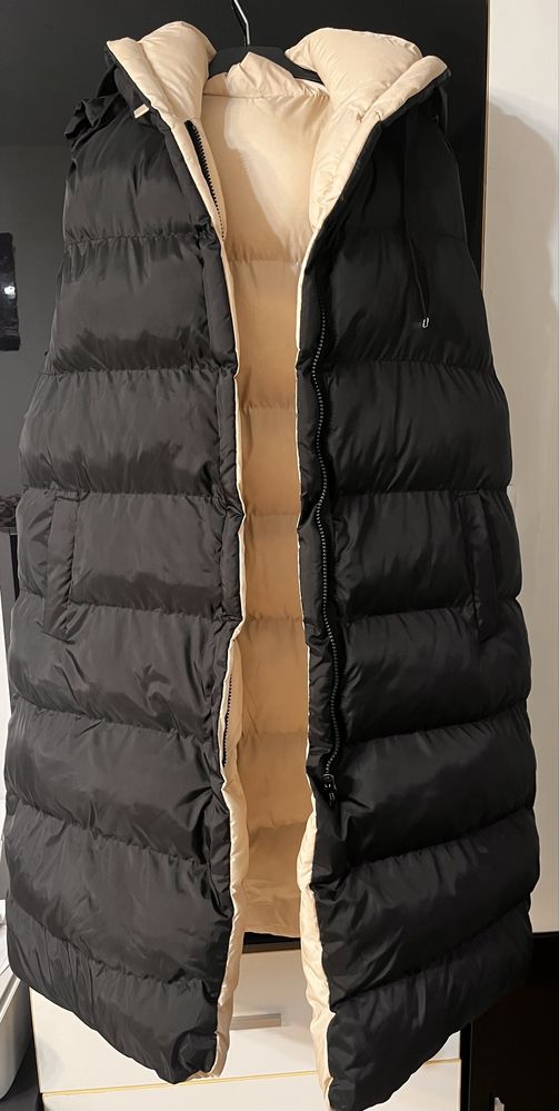 Vestă lungă groasă matlasată, reversibilă, stil oversized - negru/bej