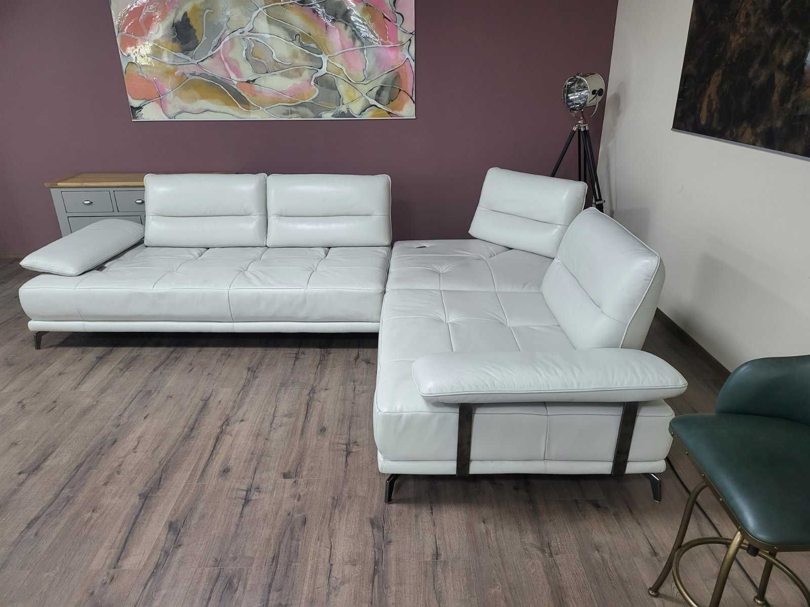 Перлено бял кожен ъглов диван "ARTEMIS" с електрически облегалки