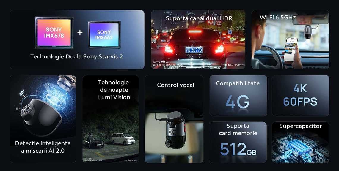 Pachet 2 Camere auto: 70mai Omni X800 4K+70mai RC14, GPS, ADAS, WiFI 6