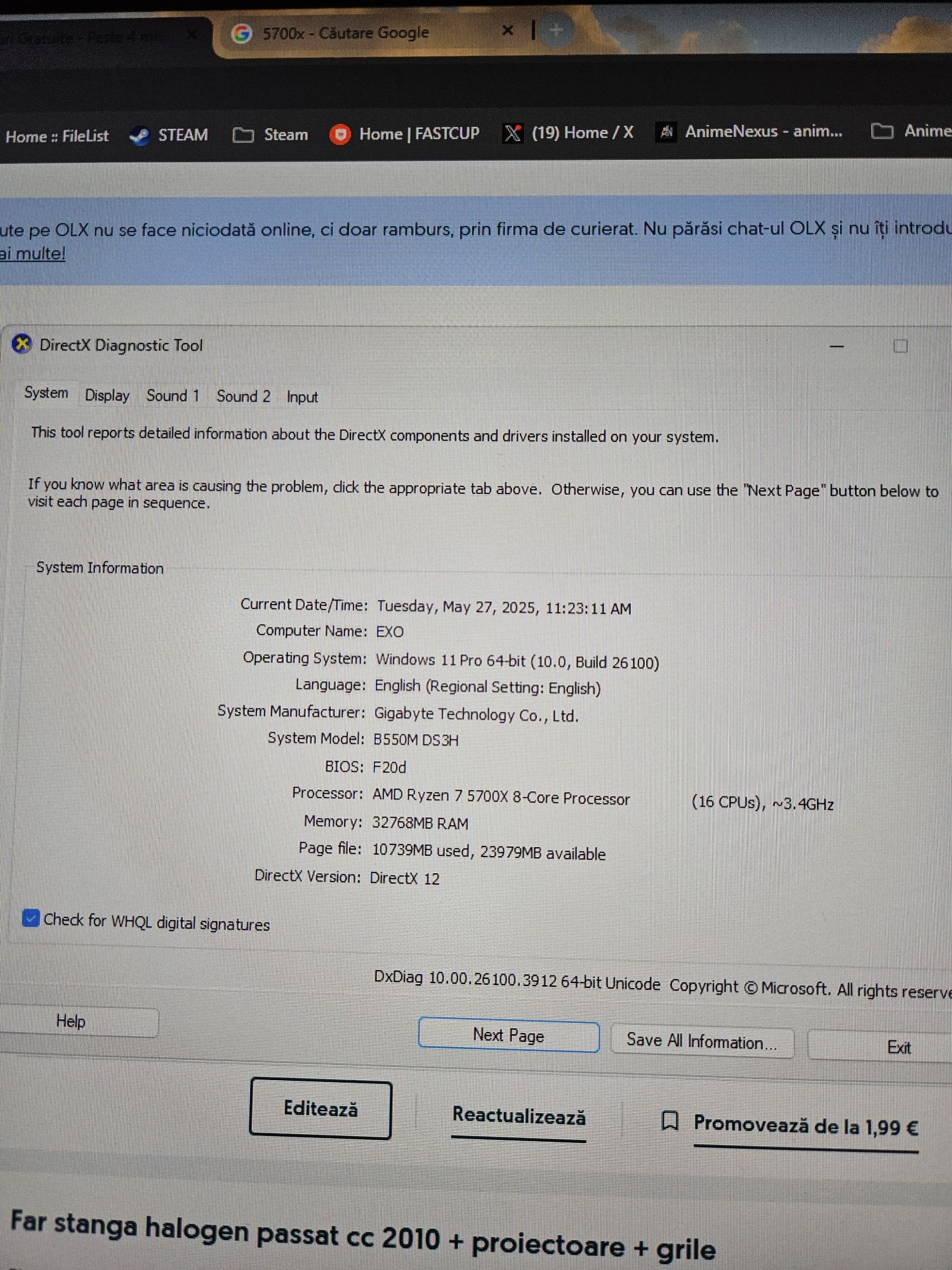 Calculator ryzen 7 5700x , 32gb ram,HDD 1tb,SSD 250gb-(cerere +6700xt)