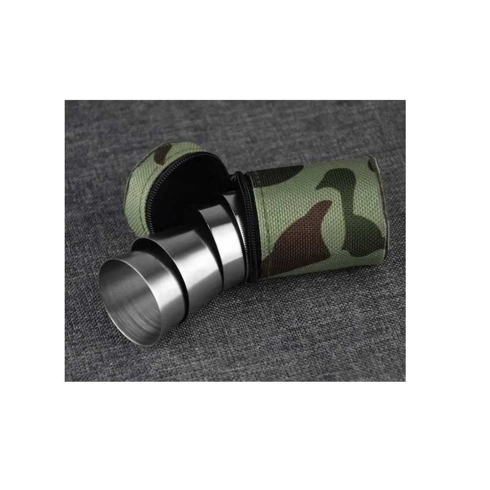 Set 4 Pahare inox pentru shoturi, husa camuflaj, 90 ml, camping