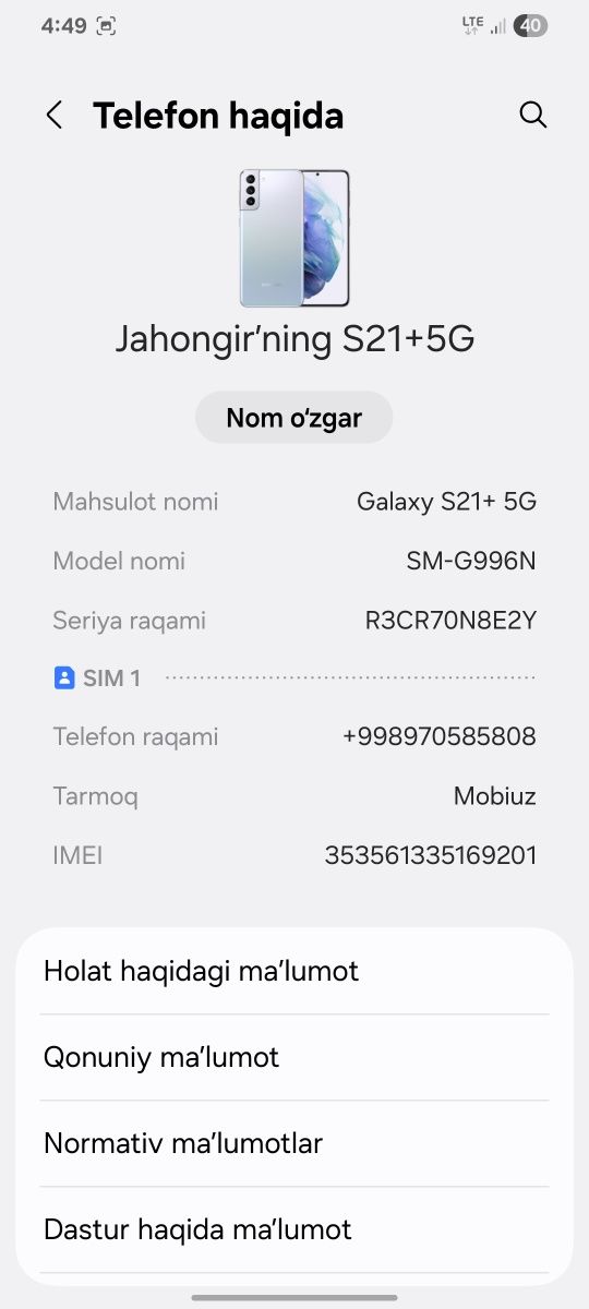 Samsung s21+ 5G aybi yuq